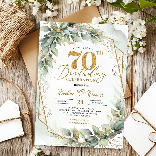 Invitación Número de oro acuarela eucalipto 70 cumpleaños (Spring watercolor dusty green eucalyptus and gold 70th birthday invitation digital)