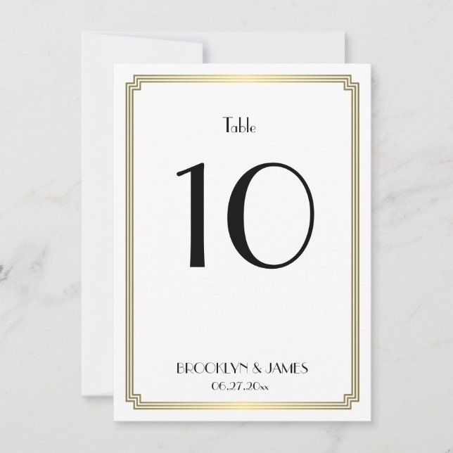 Invitación Número De Tabla Art Deco Blanco Y Oro Boda (Anverso)