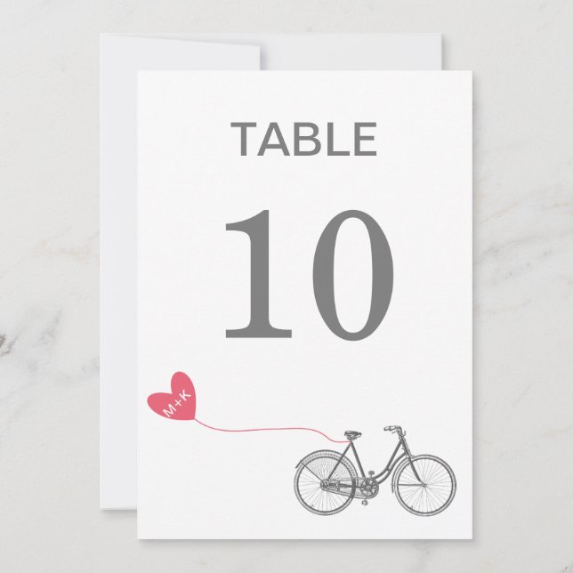 Invitación Número de tabla bicicleta romántica con iniciales (Reverso)