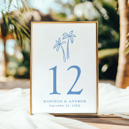 Invitación Número de tabla Boda de palmeras azules de dibujo