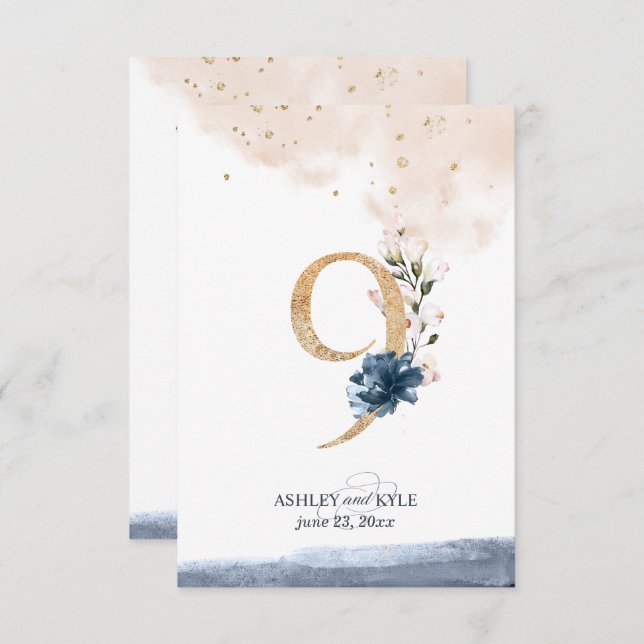 Invitación número de tabla boda en marina, rubor y oro (Anverso / Reverso)