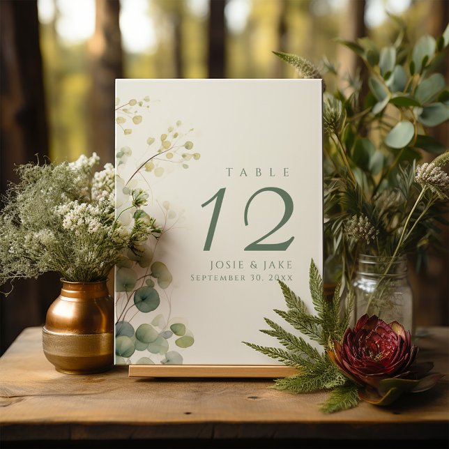 Invitación Número de tabla boda Eucalipto floral romántico (Romantic Floral Eucalyptus Leaves wedding table number sign Card in elegant green.)