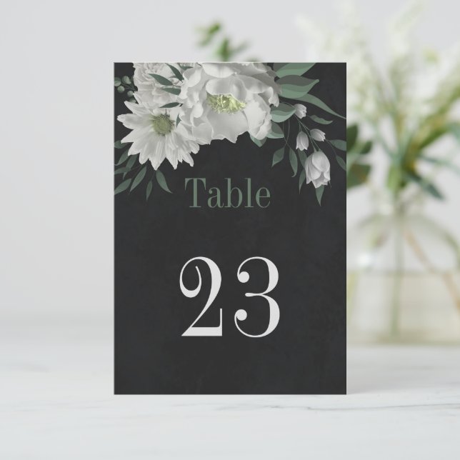 Invitación número de tabla botánica de flores blancas románti (Anverso de pie)
