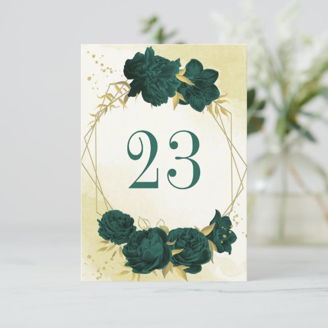Invitación Número de tabla botánica de oro verde esmeralda (Anverso de pie)