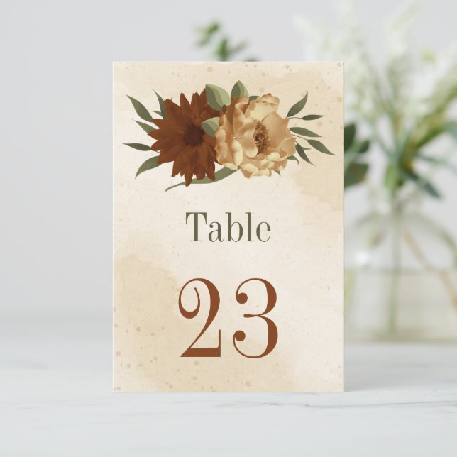 Invitación número de tabla botánica floral de terracota rústi (Anverso de pie)