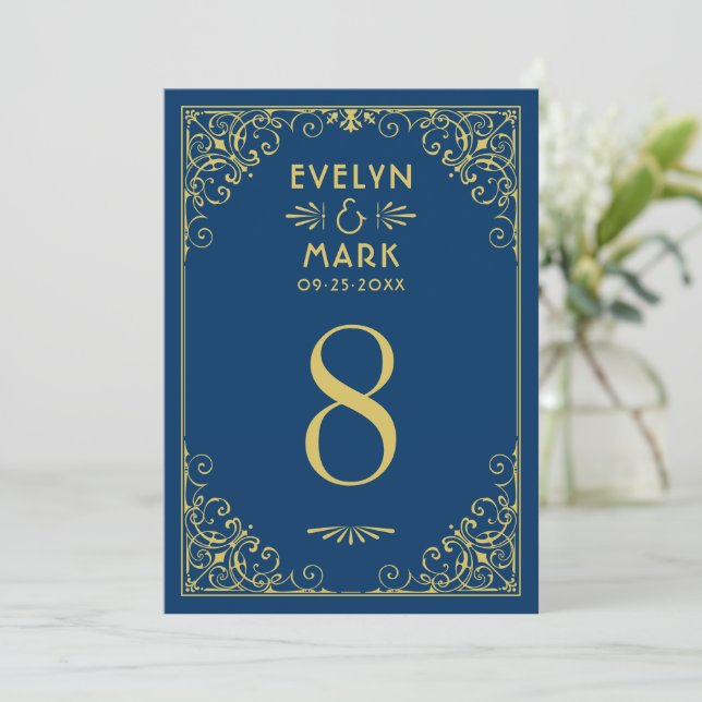 Invitación Número de tabla de Boda Art Deco de la Marina Oscu (Anverso de pie)