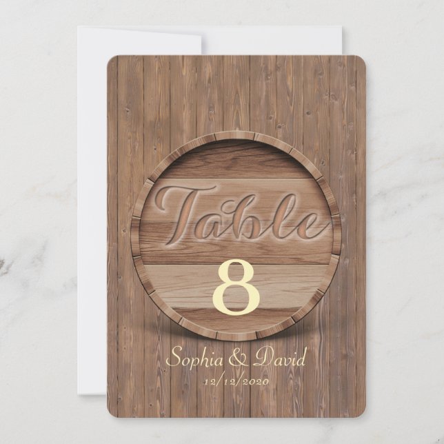 Invitación Número de tabla de Boda de barril de madera rústic (Anverso)