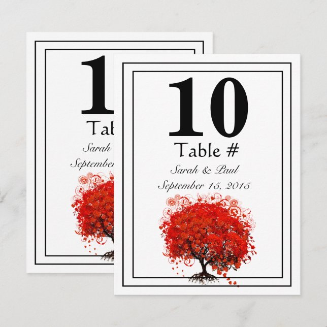 Invitación Número de tabla de Boda de hojas de corazón rojo (Anverso / Reverso)