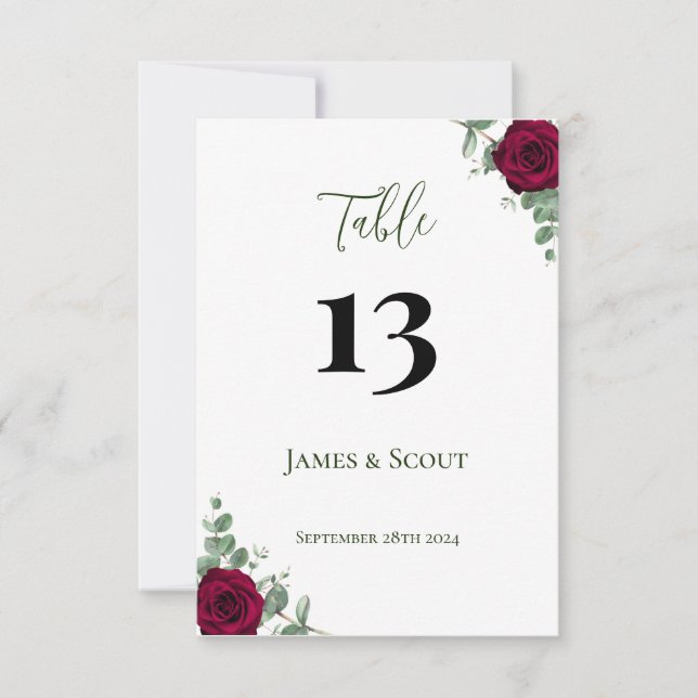 Invitación Número de tabla de Boda de rosa roja (Anverso)