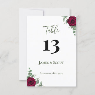 Invitación Número de tabla de Boda de rosa roja