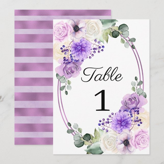 Invitación Número de tabla de Boda floral de muelle morado (Anverso / Reverso)