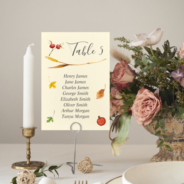 Invitación Número de tabla de Boda rústico del bosque otoñal  (Autumn Wedding Table Number Cards with guest names)