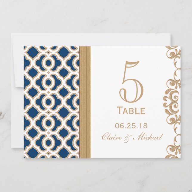 Invitación Número de tabla de Bodas marroquíes azul y oro de  (Anverso)