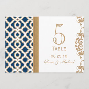 Invitación Número de tabla de Bodas marroquíes azul y oro de