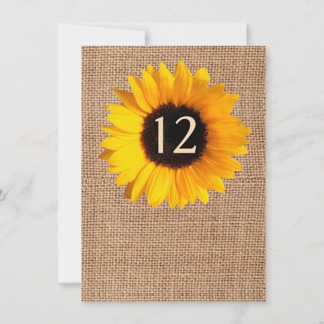 Invitación Número de tabla de Burlap y Boda de girasol ruso (Anverso)
