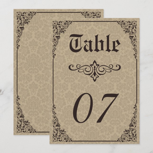 Invitación Número de tabla de casamiento gótico-beige de dama (Anverso / Reverso)