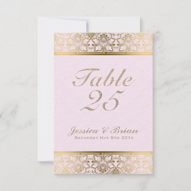 Invitación Número de tabla de encaje y Boda rosado de oro (Anverso)