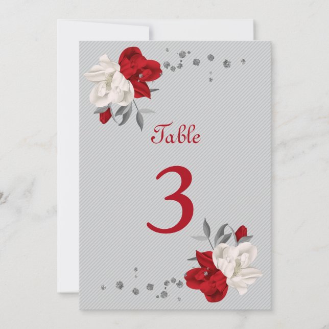 Invitación número de tabla de flores rojas y blancas (Anverso)