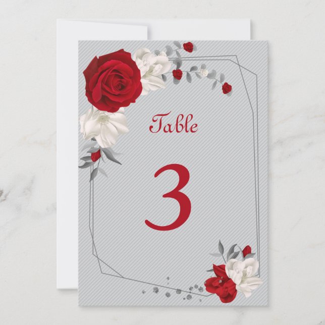 Invitación número de tabla de flores rojas y blancas (Anverso)