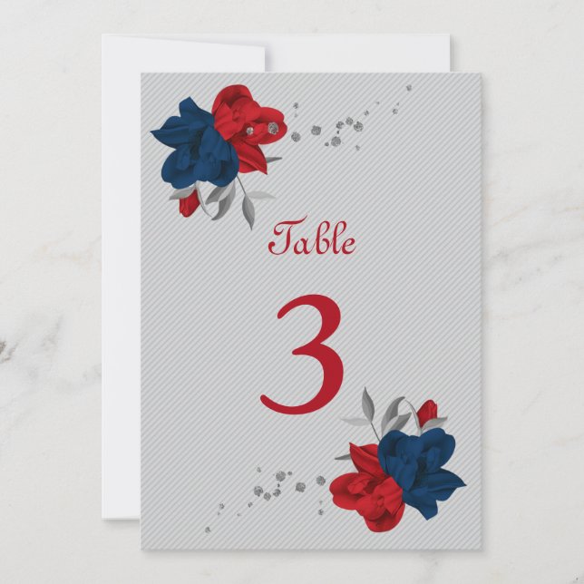 Invitación número de tabla de flores rojo y azul marino (Anverso)