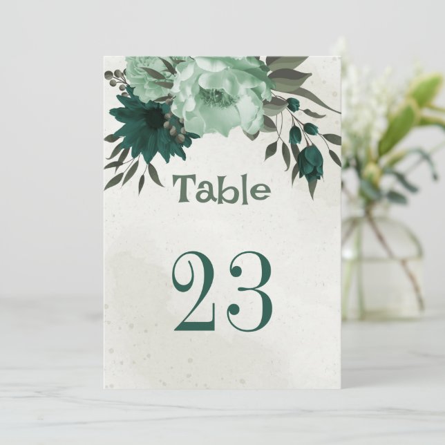 Invitación número de tabla de flores verdes esmeraldas (Anverso de pie)
