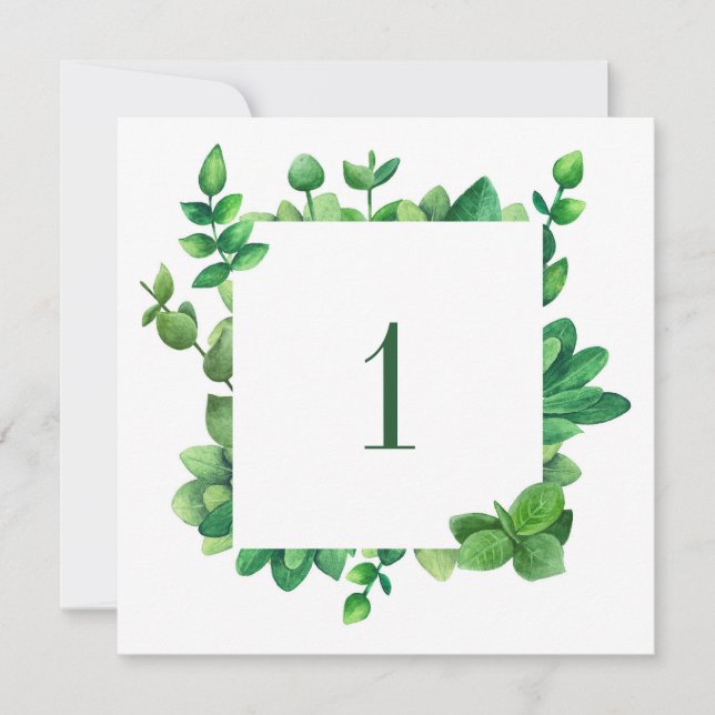 Invitación Número de tabla de follaje verde. Boda de verde (Anverso)