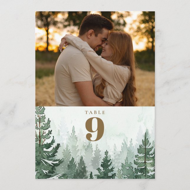 Invitación Número de tabla de fotografía del bosque de pinos  (Anverso)