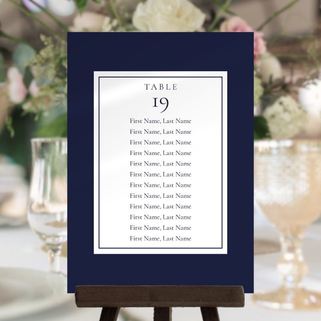 Invitación Número de tabla de la tabla de asientos azul de la (Navy Blue Seating Chart Table Number)