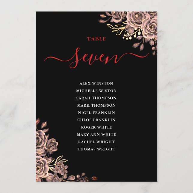 Invitación Número de tabla de los Rosas florales góticos (Anverso)