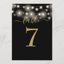 Invitación Número de tabla de luces de cadena negra y dorada