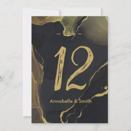 Invitación número de tabla de mármol negro y dorado