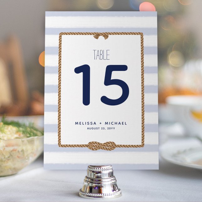 Invitación Número de tabla de nudo náutico azul Pastel (5x7) (Modern Pastel Blue & White Striped Nautical Wedding or Event Table Numbers (Available for Download))