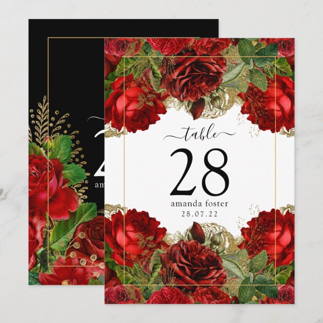 Invitación Número de tabla de Rosas de la cosecha de borgoña  (Anverso / Reverso)