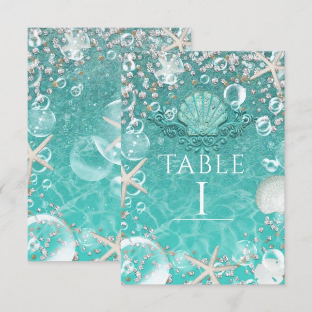 Invitación Número de tabla de Starfish & Bubbles Marinos verd (Anverso / Reverso)