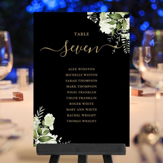 Invitación Número De Tabla Del Plan De Asientos Florales De C (Black And Gold Floral Seating Plan Table Number)