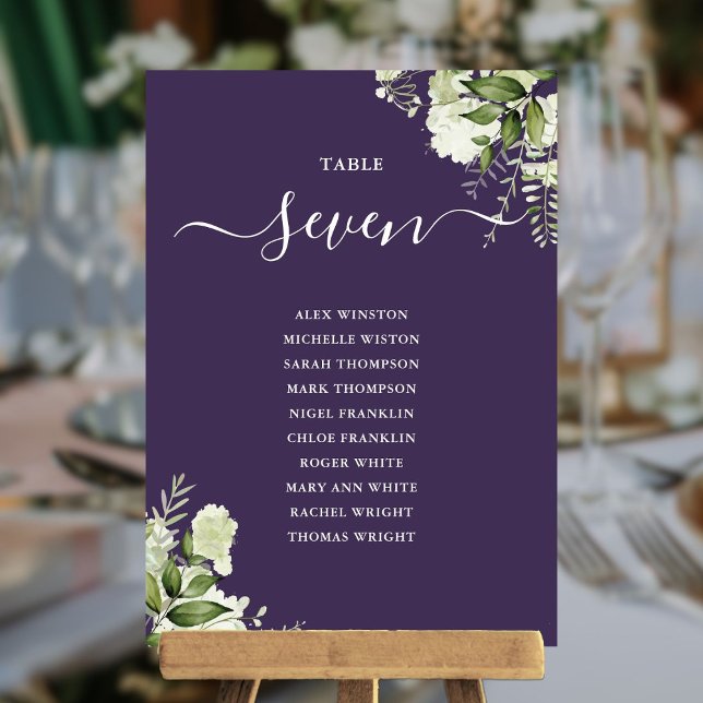 Invitación Número de tabla del plan de asientos florales de v (Purple Greenery Floral Seating Plan Table Number)