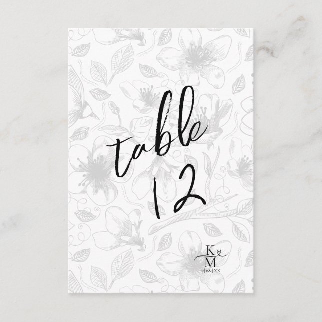 Invitación Número de tabla floral de caligrafía de amor B&W I (Anverso)