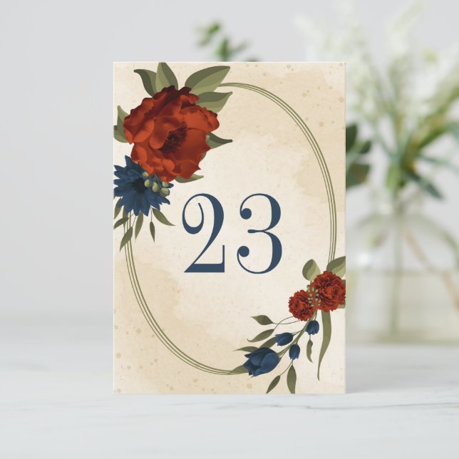 Invitación número de tabla geométrica de flores de la marina  (Anverso de pie)
