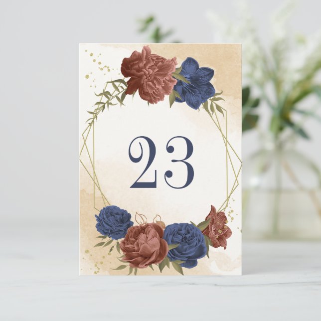 Invitación número de tabla geométrica floral azul marino terr (Anverso de pie)