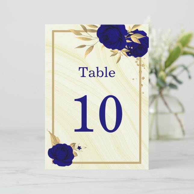 Invitación número de tabla geométrica floral de oro azul real (Anverso de pie)