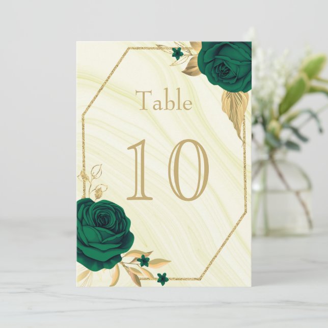 Invitación número de tabla geométrica floral de oro verde esm (Anverso de pie)