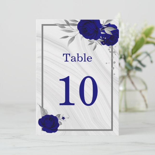 Invitación número de tabla geométrica floral de plata azul re (Anverso de pie)