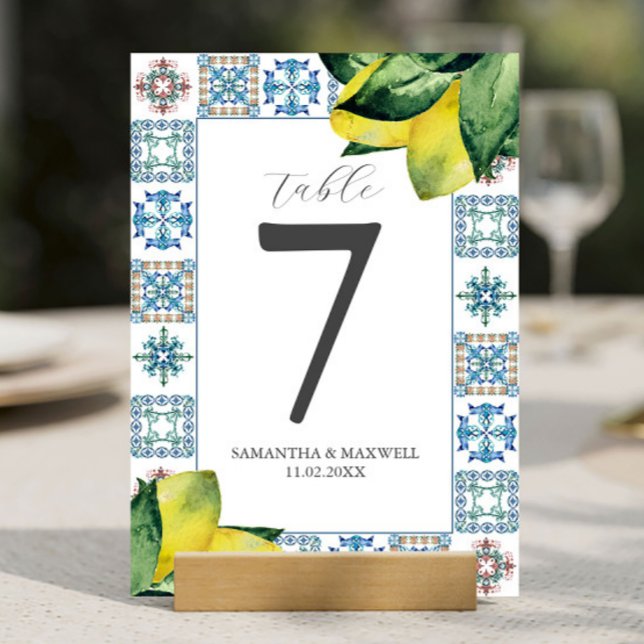 Invitación Número de tabla impreso Amalfi Tile y Lemons (Amalfi tile and watercolor lemons wedding theme table number by Victoria Grigaliunas Do Tell A Belle)