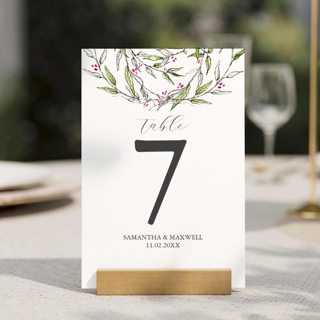 Invitación Número de tabla imprimible Navidades Botánicos (Table number template features unique watercolor and line art botanicals by Victoria Grigaliunas)