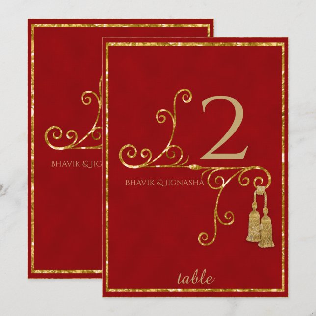 Invitación Número de tabla india de Tassel rojo y oro (Anverso / Reverso)