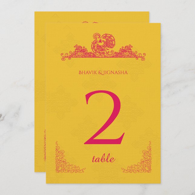 Invitación Número de tabla indio azafrán y pavo real rosado (Anverso / Reverso)
