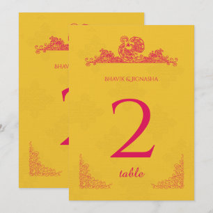 Invitación Número de tabla indio azafrán y pavo real rosado