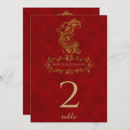 Invitación Número de tabla indio de pavo real rojo y oro