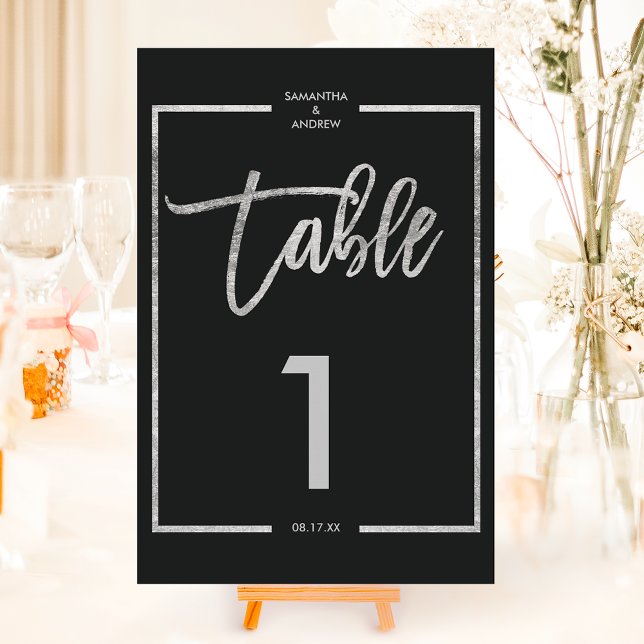 Invitación Número de tabla negra del guión de marco plateado (Silver frame script black table number)