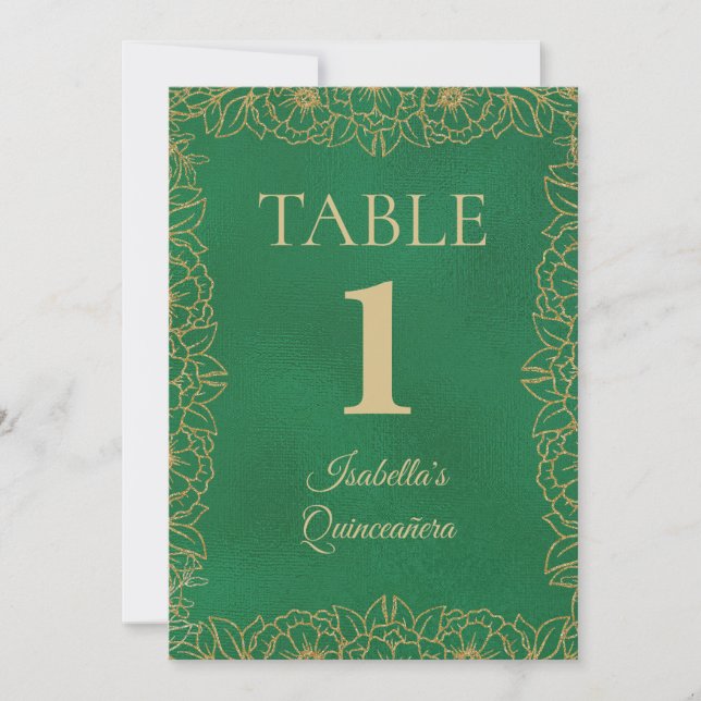 Invitación Número de tabla Quinceanera de oro verde esmeralda (Anverso)